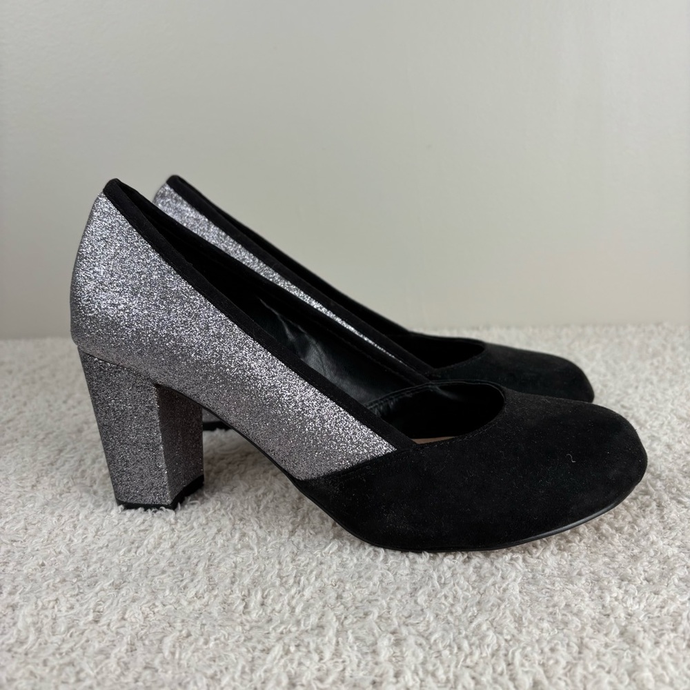 Torrid Heels 8.5 Wide Silver Black Glitter‎ 2 Tone Slip On 3" Block Heel Womens